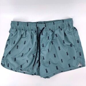 H&M Mens Size Medium Pineapple Print Swim Trunks Dusty Blue Teal Mesh Lining 3"